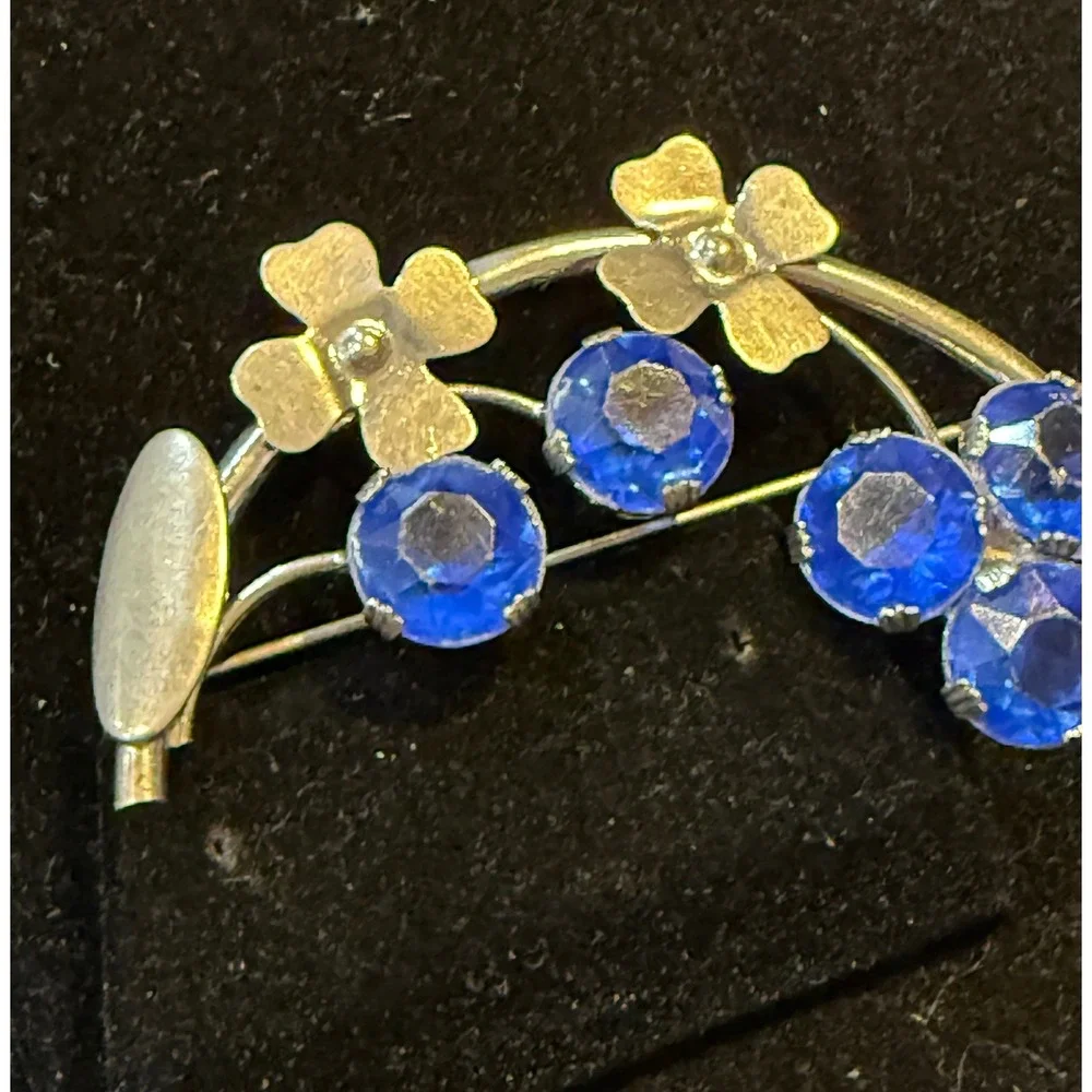Vintage Sterling Silver Blue Rhinestone Floral Brooch Pin Mid Century Modern
